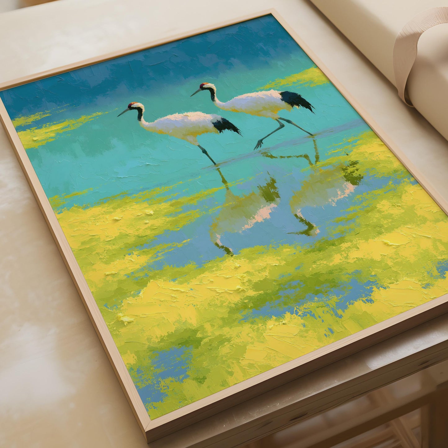 Red Crowned Crane Poster, Japanese Crane Bird Wall Art, Teal Yellow Oil Painting Print