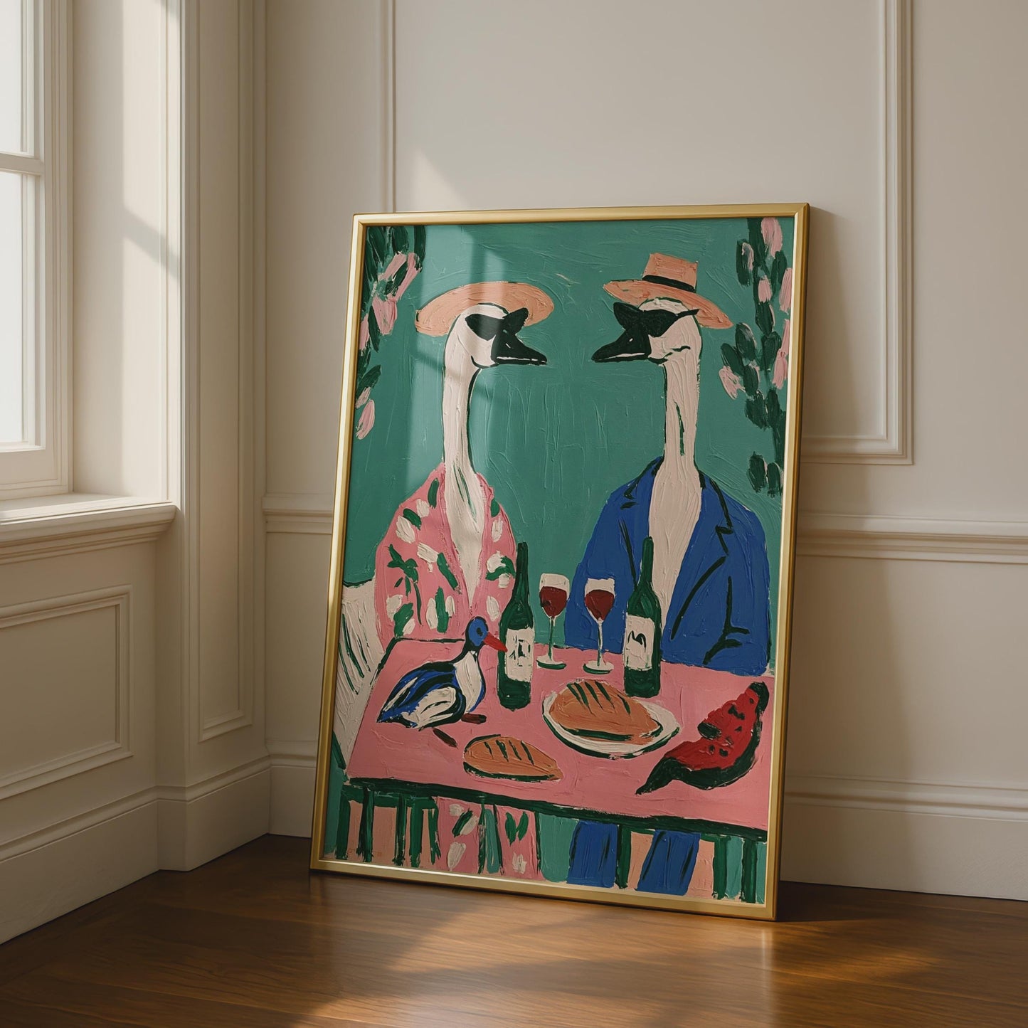 Geese Dining Art Print, Funny Bird Poster, Whimsical Animal Wall Art, Teal Pink