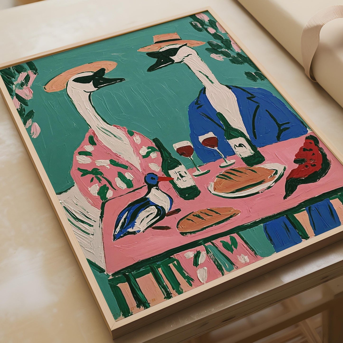 Geese Dining Art Print, Funny Bird Poster, Whimsical Animal Wall Art, Teal Pink