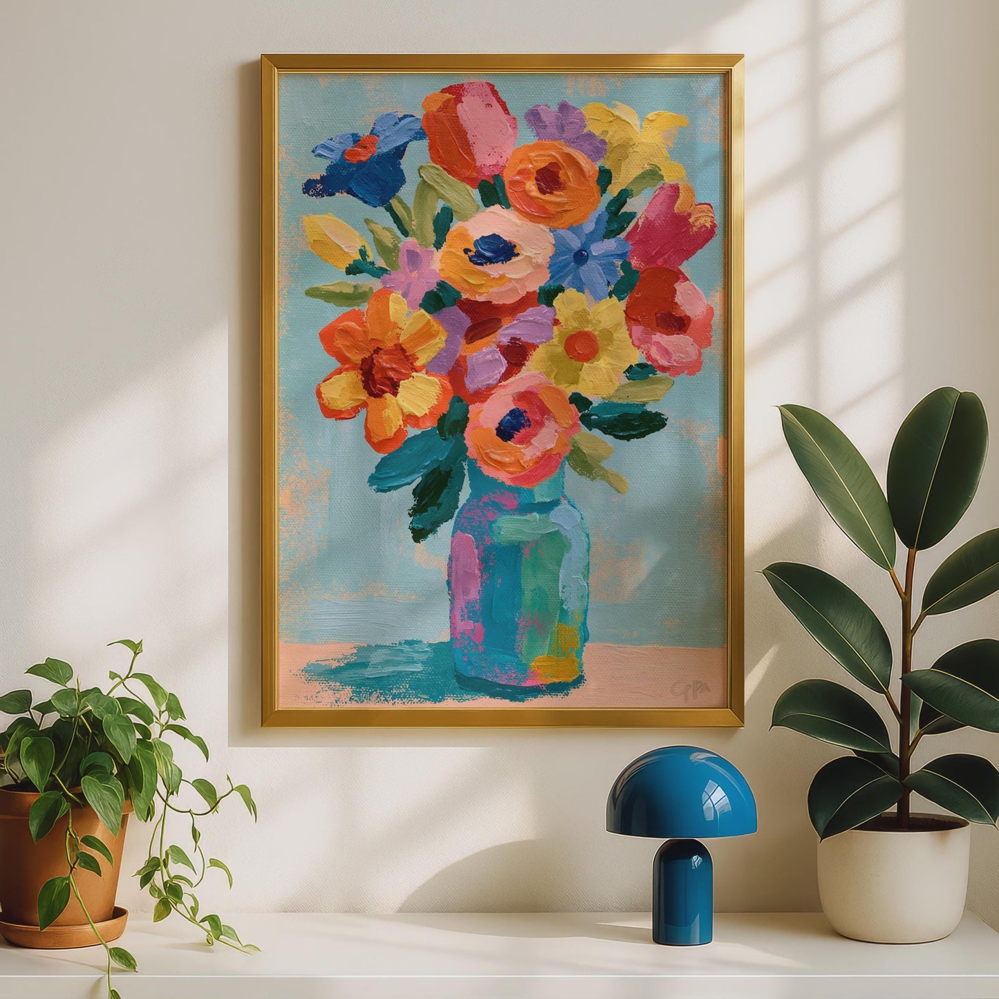 Colourful Floral Bouquet Poster, Bold Flower Vase Wall Art, Bright Maximalist Print