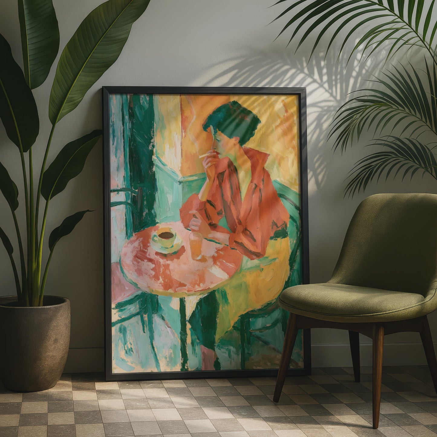 Woman at Cafe Table Art Print, Expressionist Painting Poster, Teal Orange Wall Art