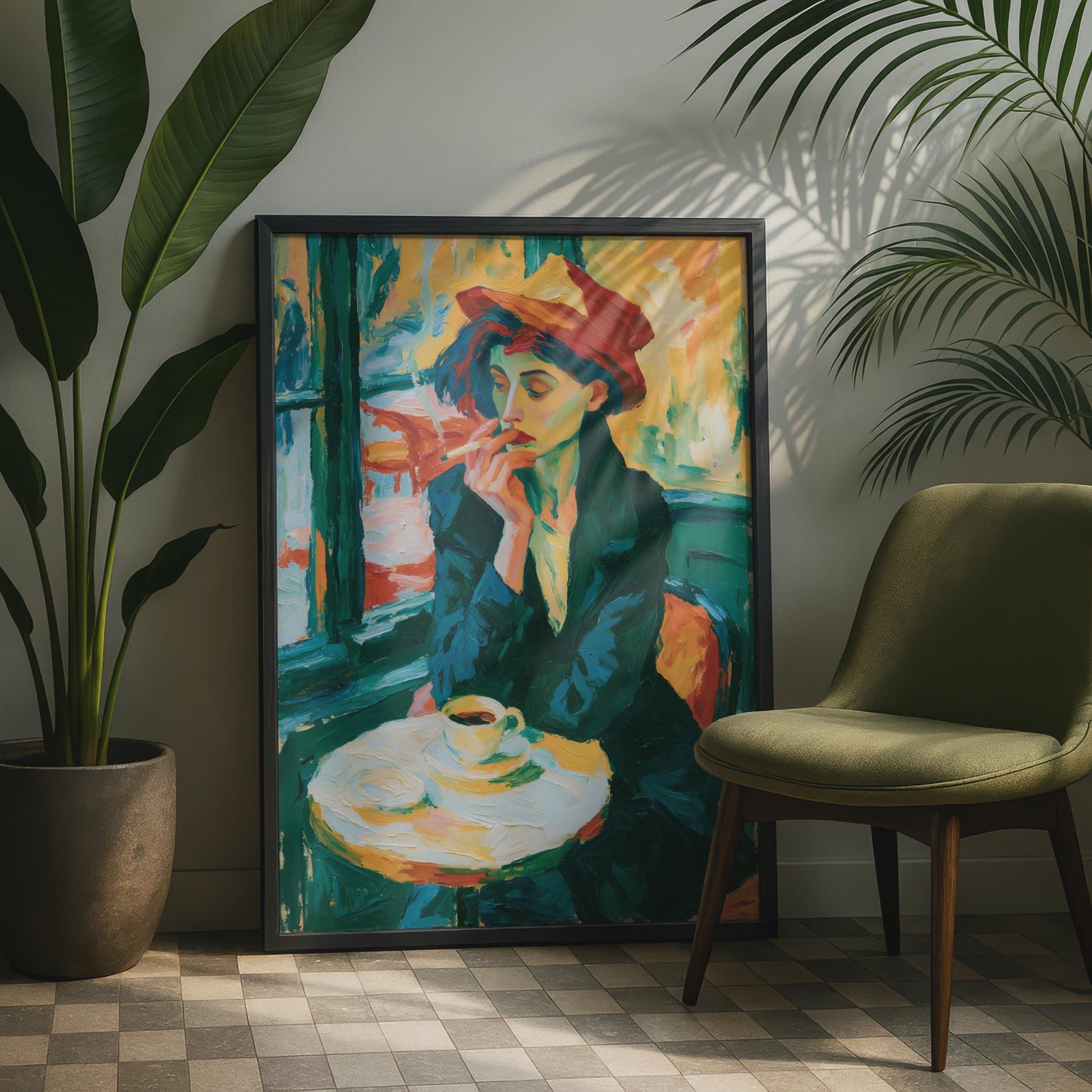 Parisian Cafe Woman Poster, Impressionist Wall Art Print, Coffee Cigarette Lady