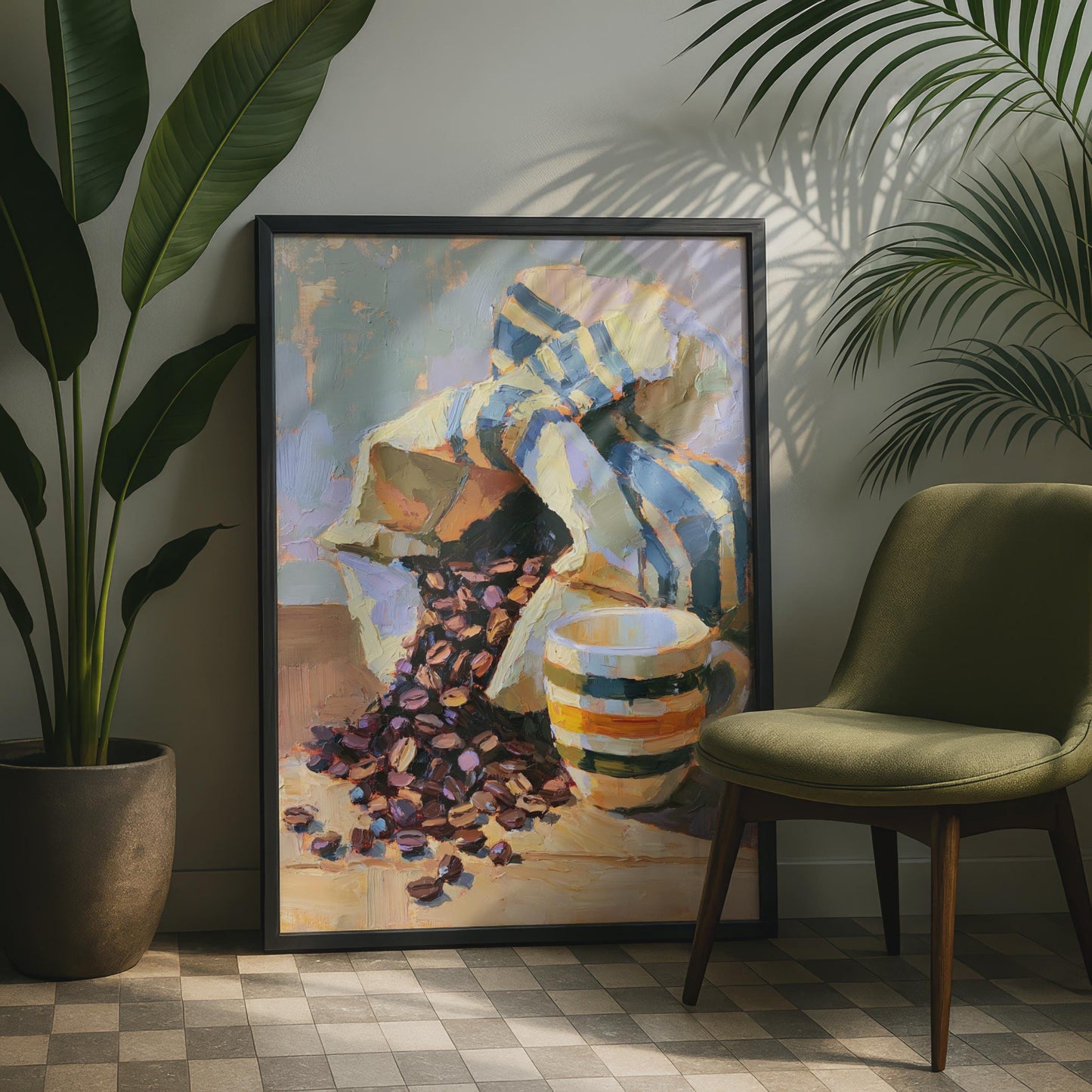Coffee Bean Still Life Poster, Oil Painting Art Print, Kitchen Wall Decor, Cafe