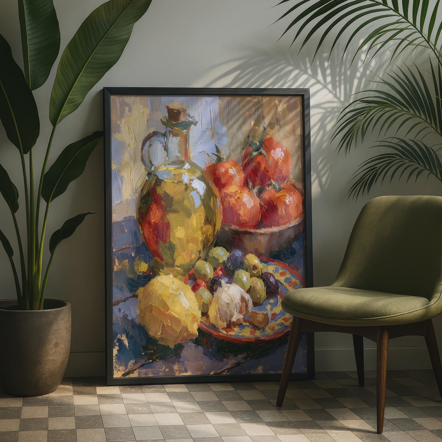 Mediterranean Kitchen Still Life Poster, Olive Oil Tomatoes Art Print, Italian Food Wall Art