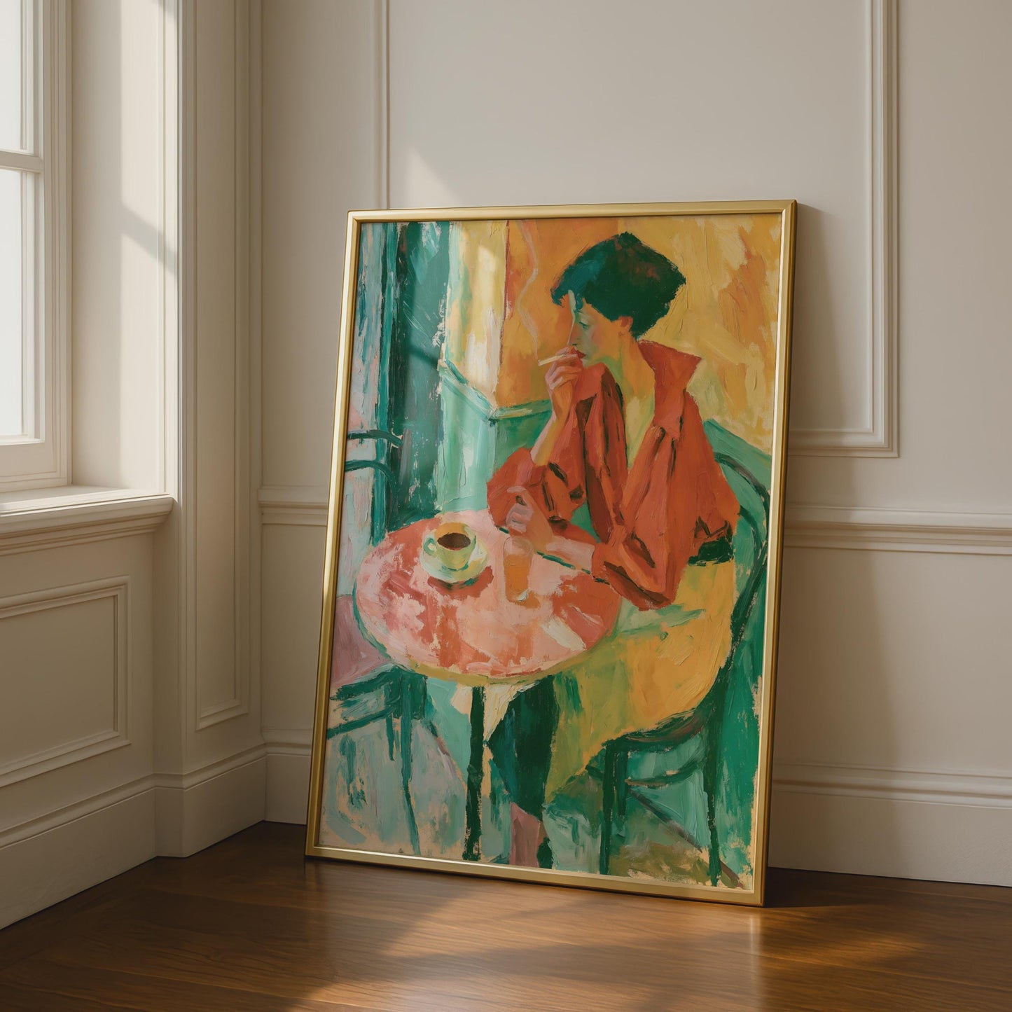 Woman at Cafe Table Art Print, Expressionist Painting Poster, Teal Orange Wall Art