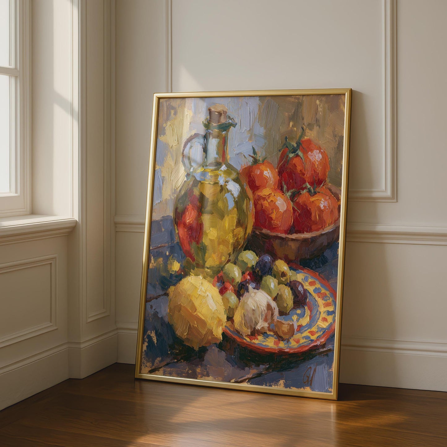 Mediterranean Kitchen Still Life Poster, Olive Oil Tomatoes Art Print, Italian Food Wall Art