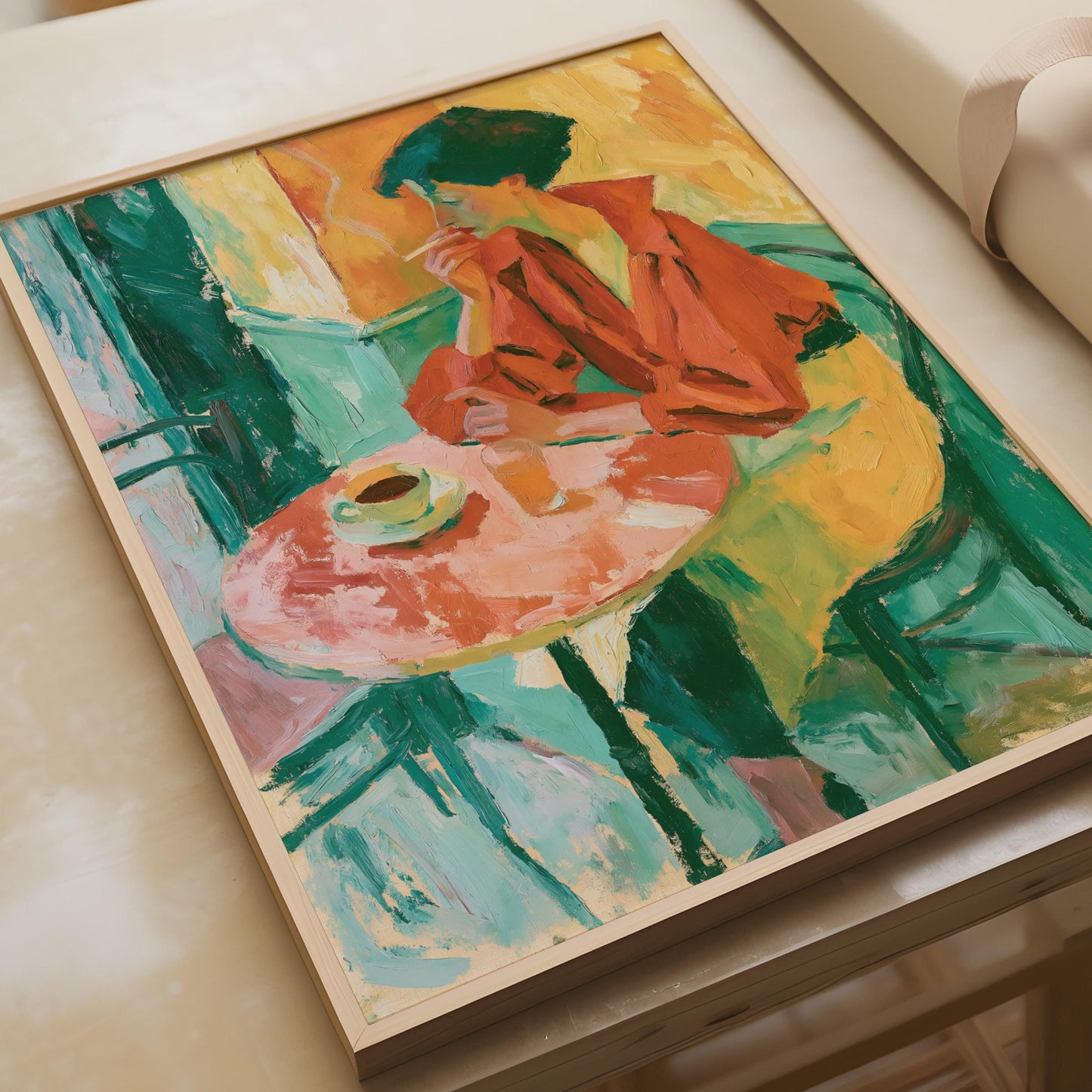 Woman at Cafe Table Art Print, Expressionist Painting Poster, Teal Orange Wall Art
