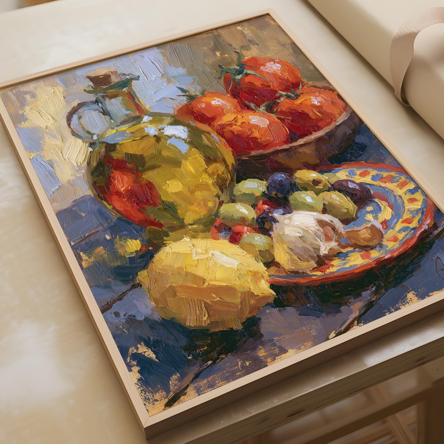 Mediterranean Kitchen Still Life Poster, Olive Oil Tomatoes Art Print, Italian Food Wall Art