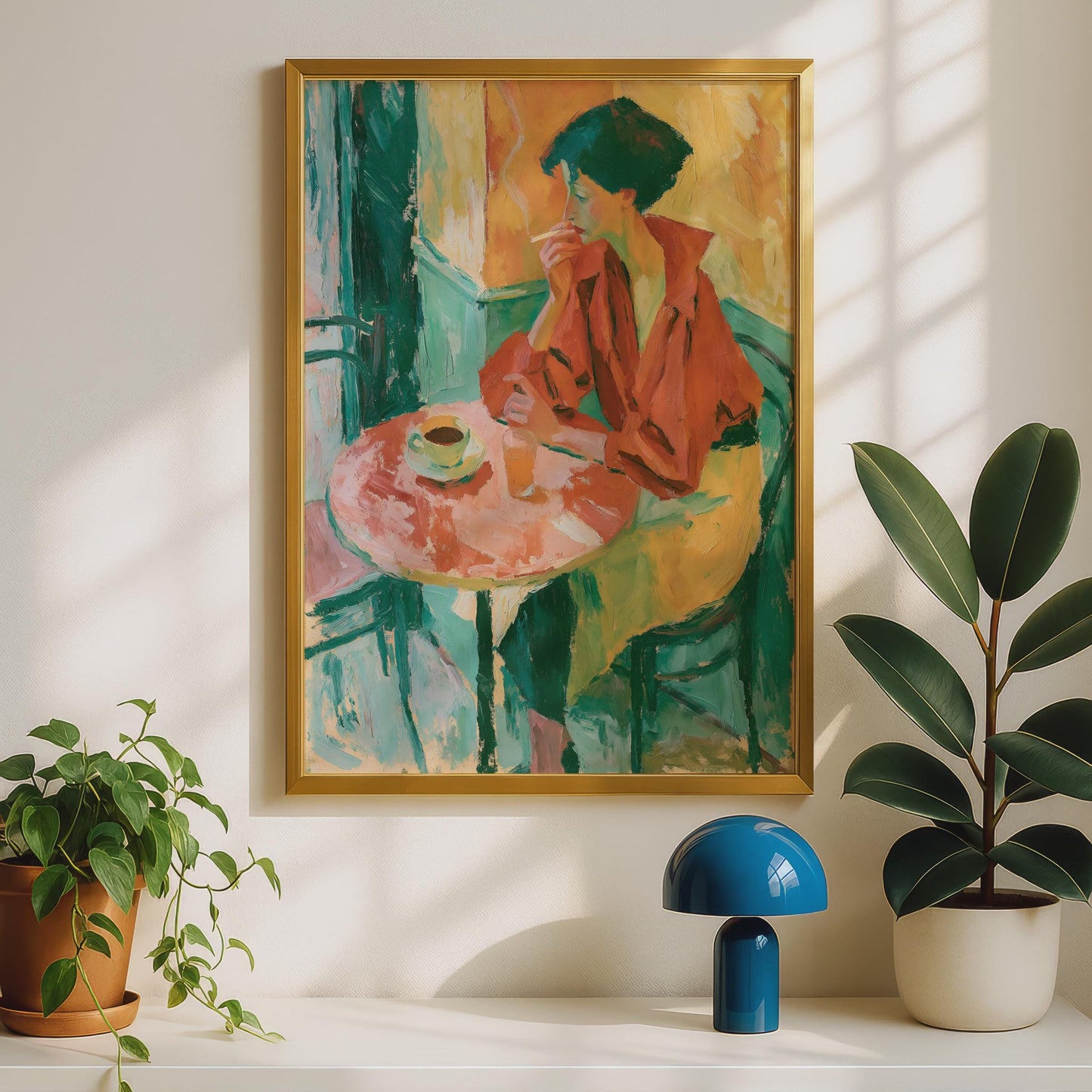 Woman at Cafe Table Art Print, Expressionist Painting Poster, Teal Orange Wall Art