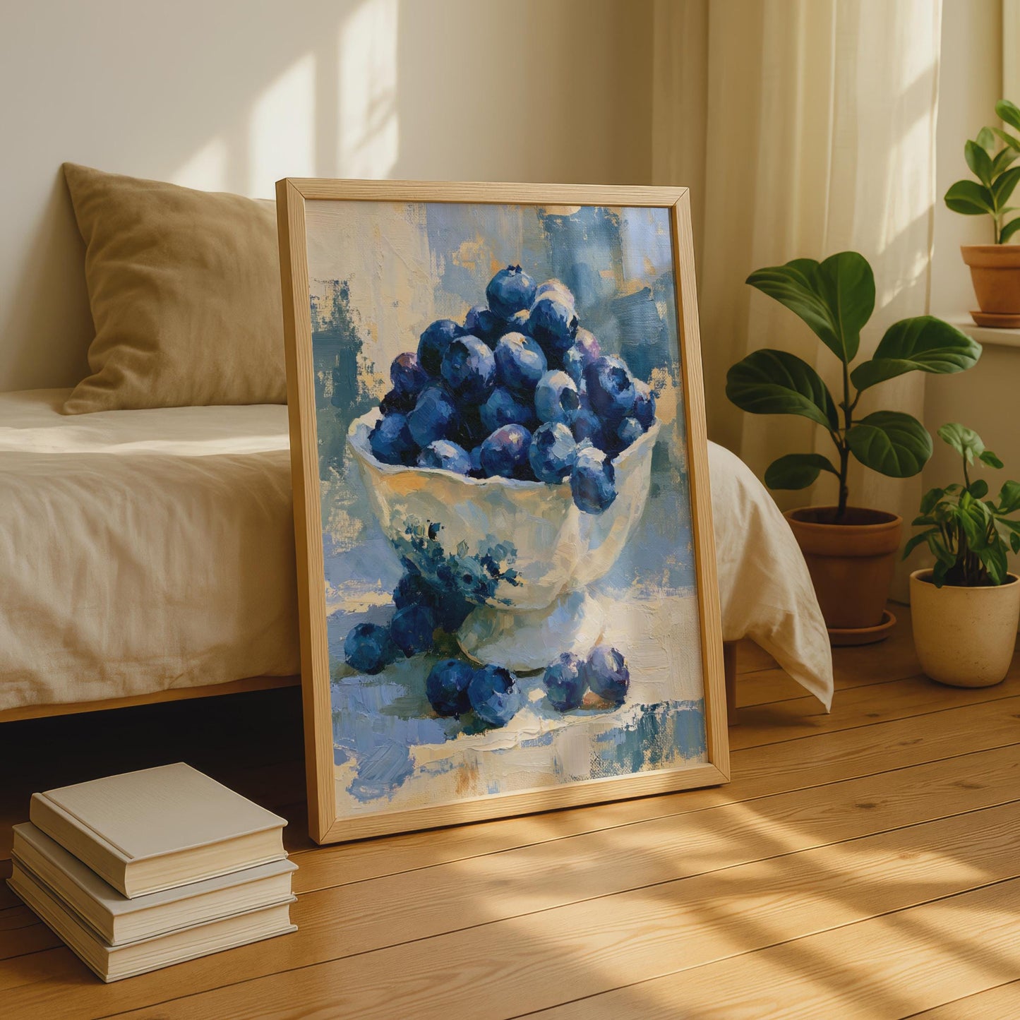 Blueberry Bowl Still Life Art Print, Impressionist Fruit Poster, Blue Kitchen Wall Decor