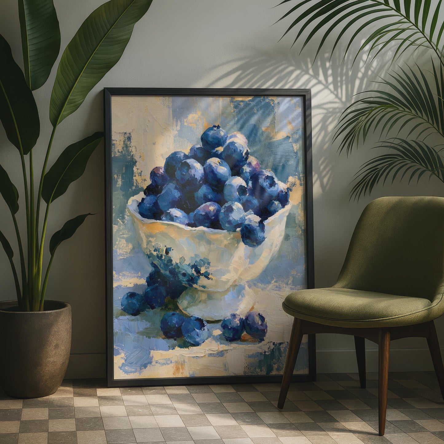 Blueberry Bowl Still Life Art Print, Impressionist Fruit Poster, Blue Kitchen Wall Decor