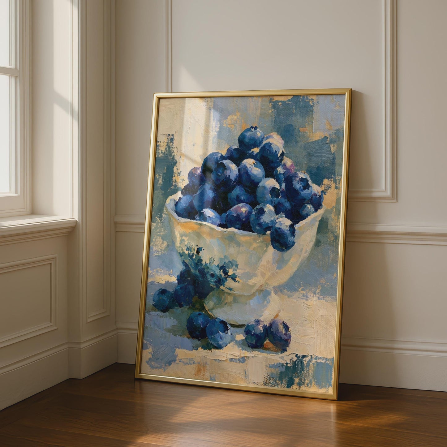 Blueberry Bowl Still Life Art Print, Impressionist Fruit Poster, Blue Kitchen Wall Decor