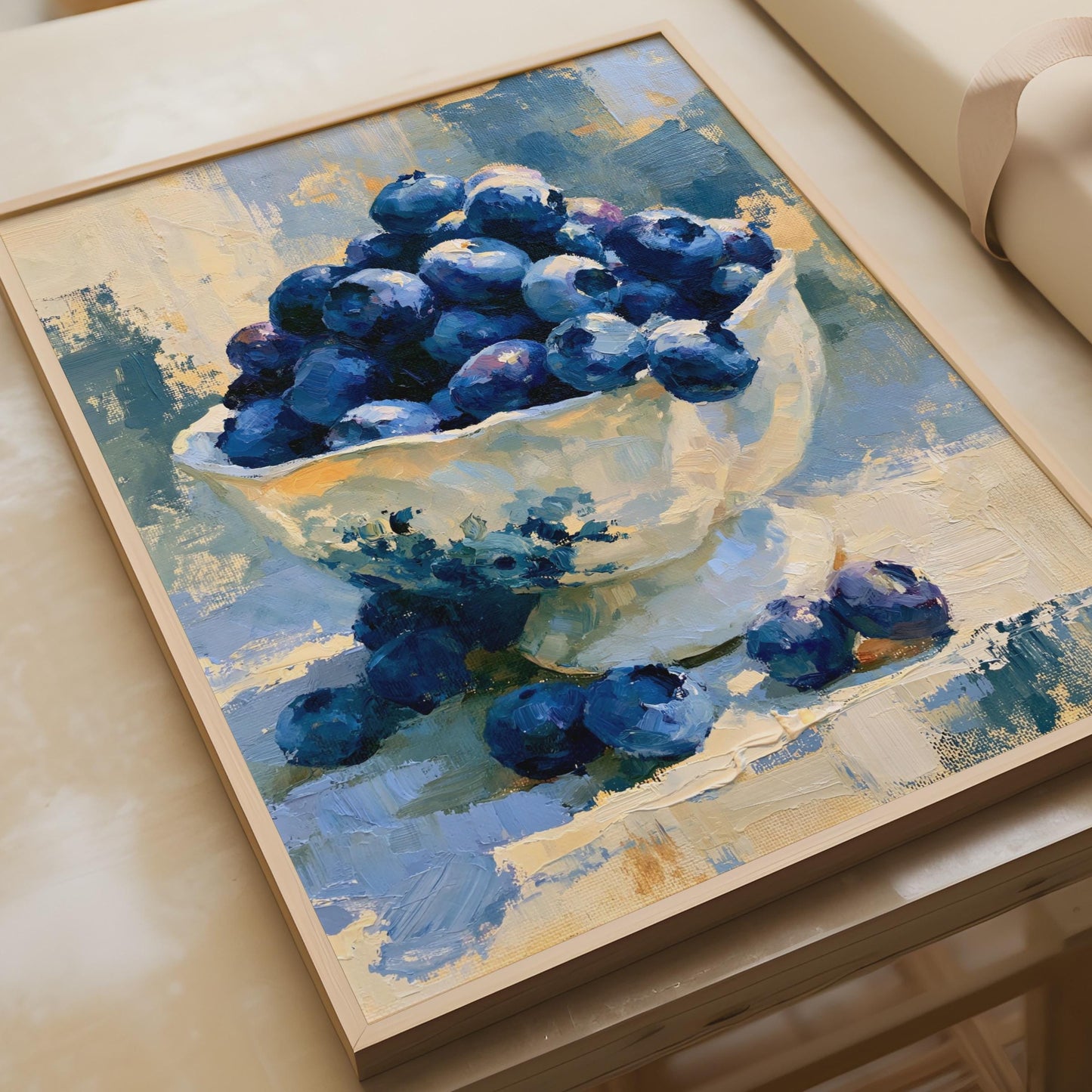 Blueberry Bowl Still Life Art Print, Impressionist Fruit Poster, Blue Kitchen Wall Decor