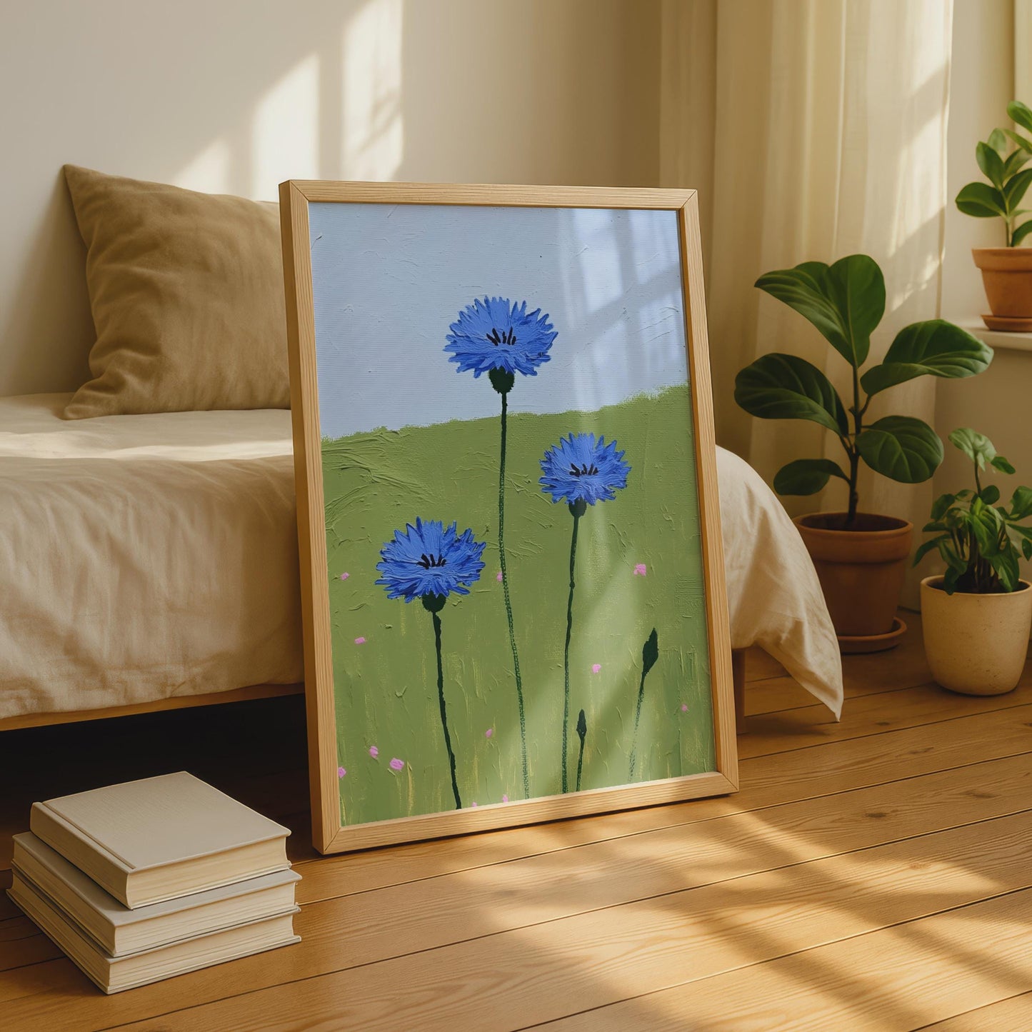 Cornflower Blue Wildflower Poster, Meadow Floral Wall Art Print, Green Field Sky