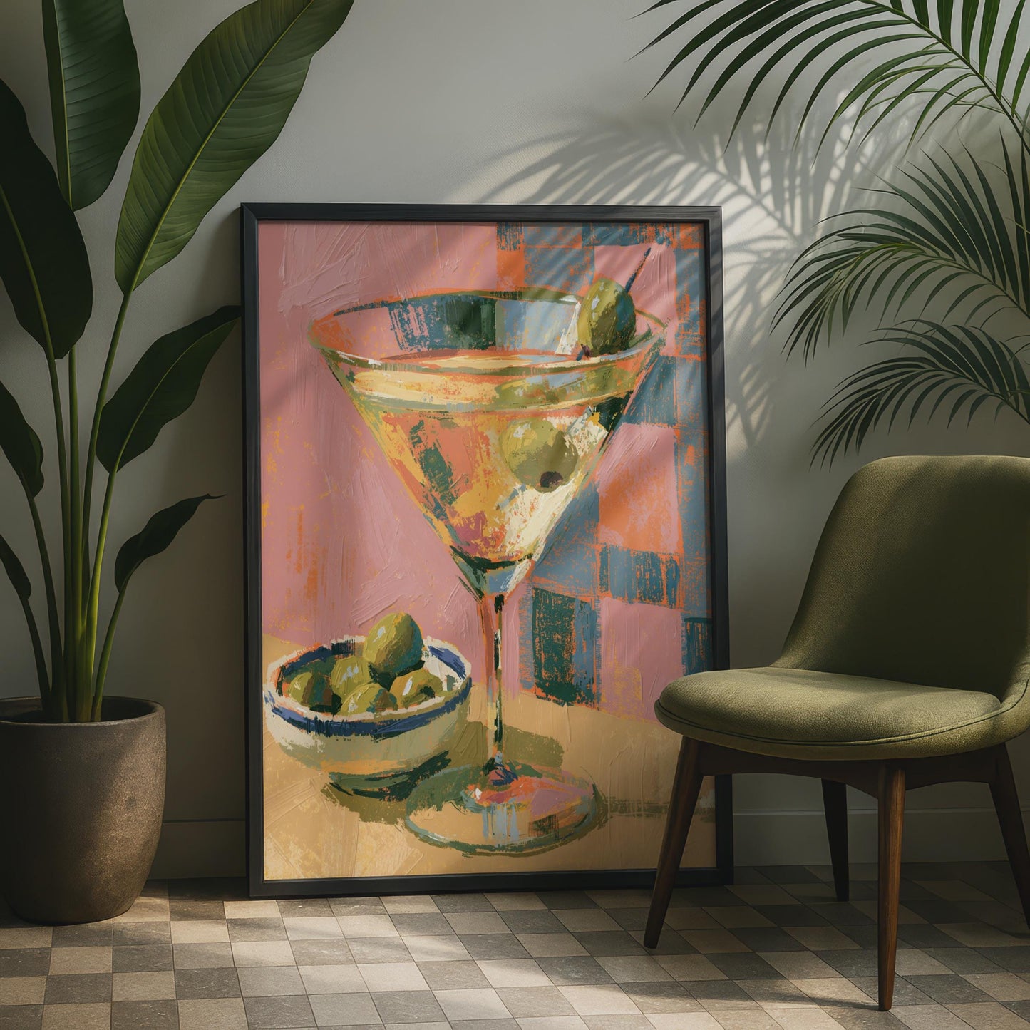 Dirty Martini Cocktail Poster, Olive Bar Cart Wall Art, Retro Drink Print, Kitchen Decor