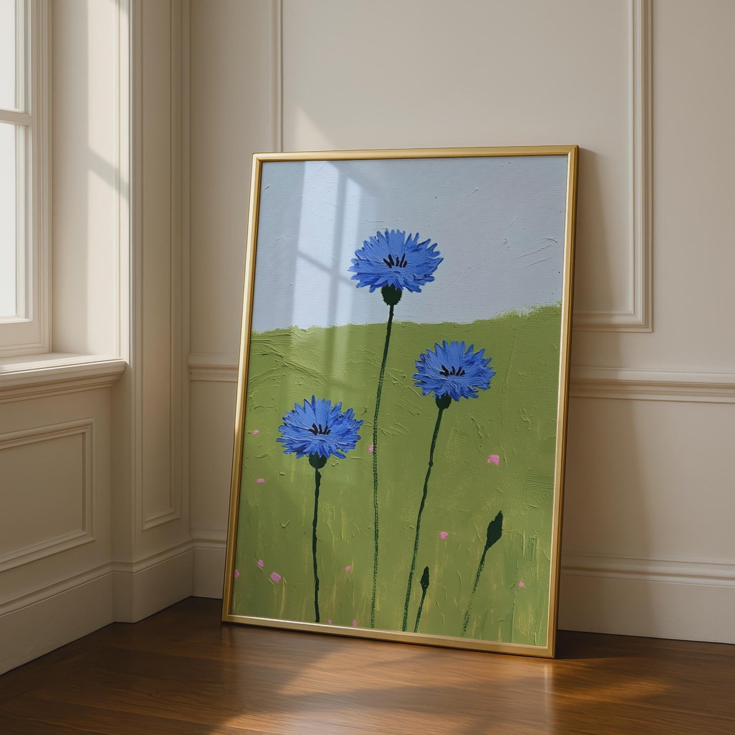 Cornflower Blue Wildflower Poster, Meadow Floral Wall Art Print, Green Field Sky