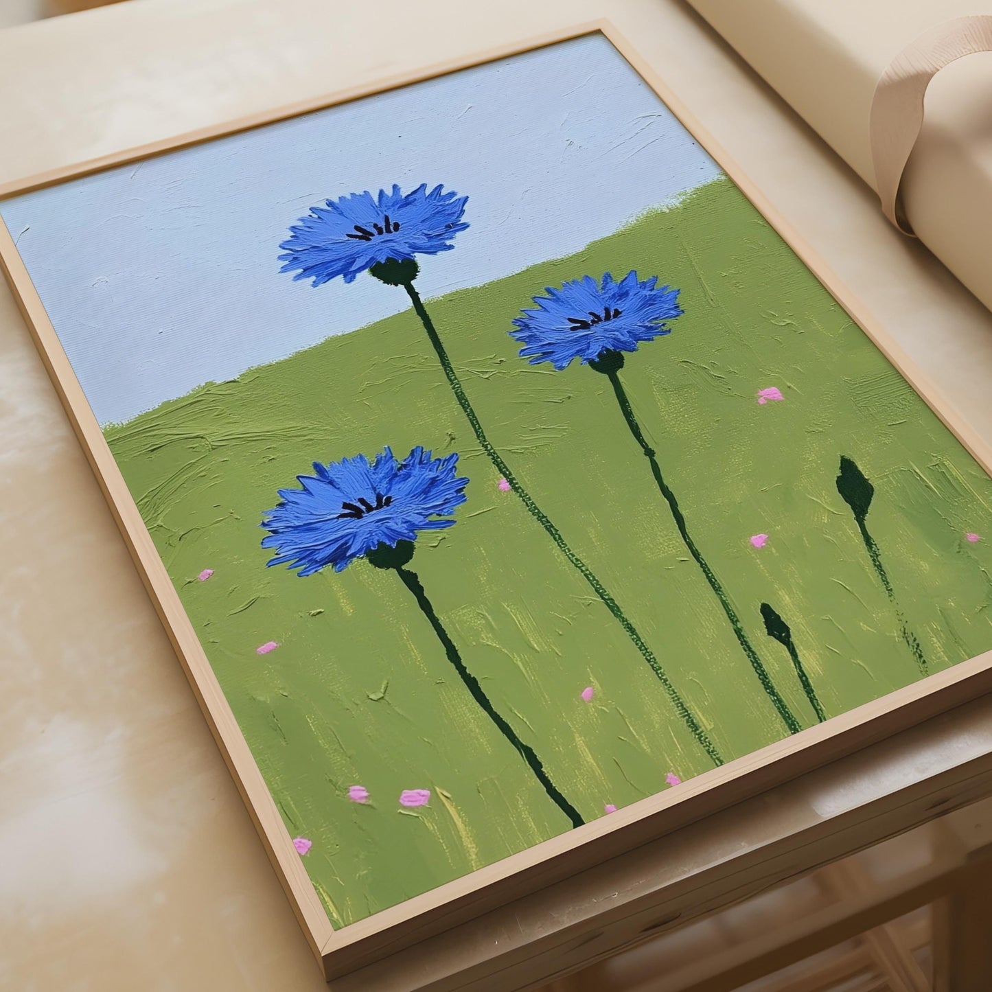 Cornflower Blue Wildflower Poster, Meadow Floral Wall Art Print, Green Field Sky