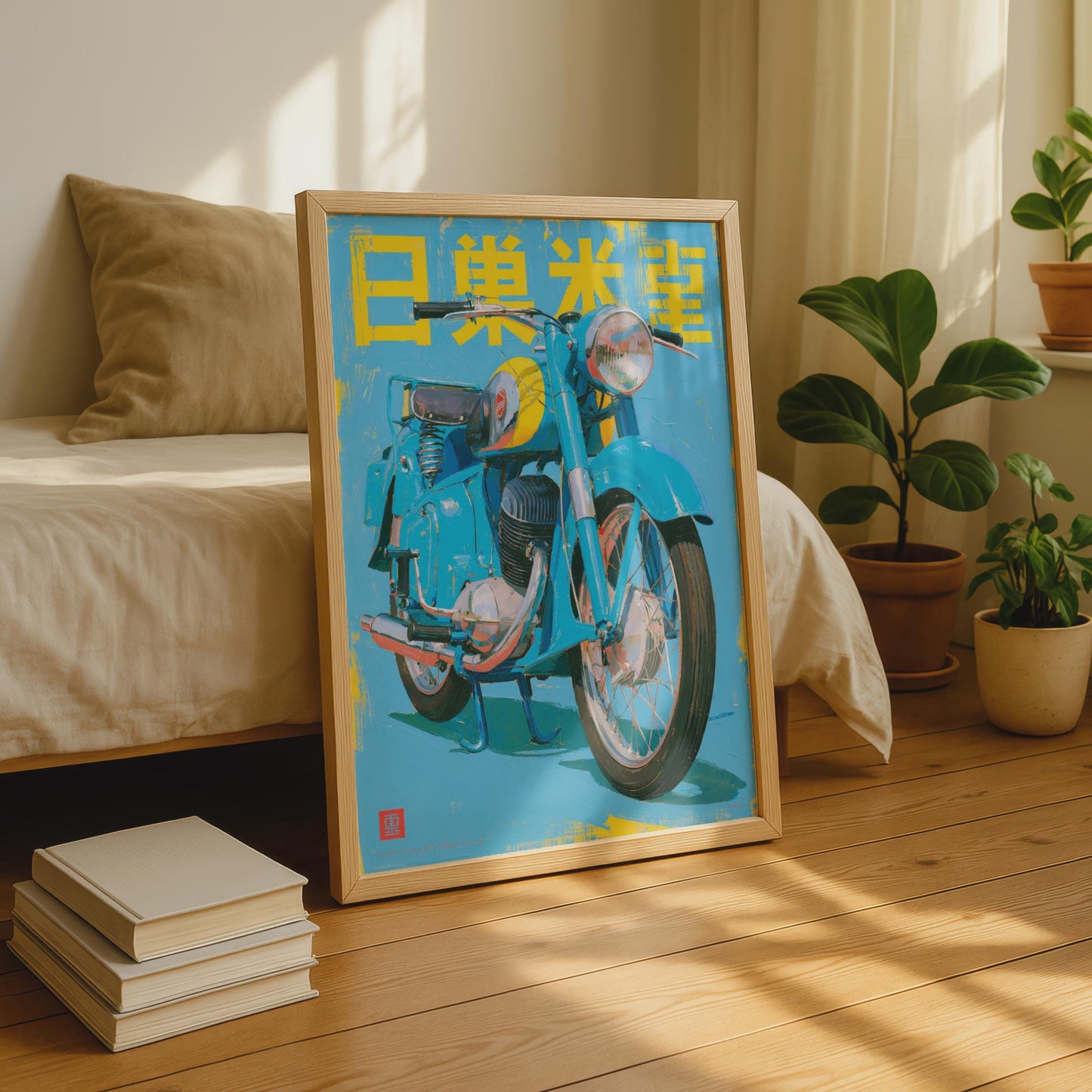 Vintage Japanese Motorcycle Poster, Retro Blue Bike Wall Art, Kanji Print