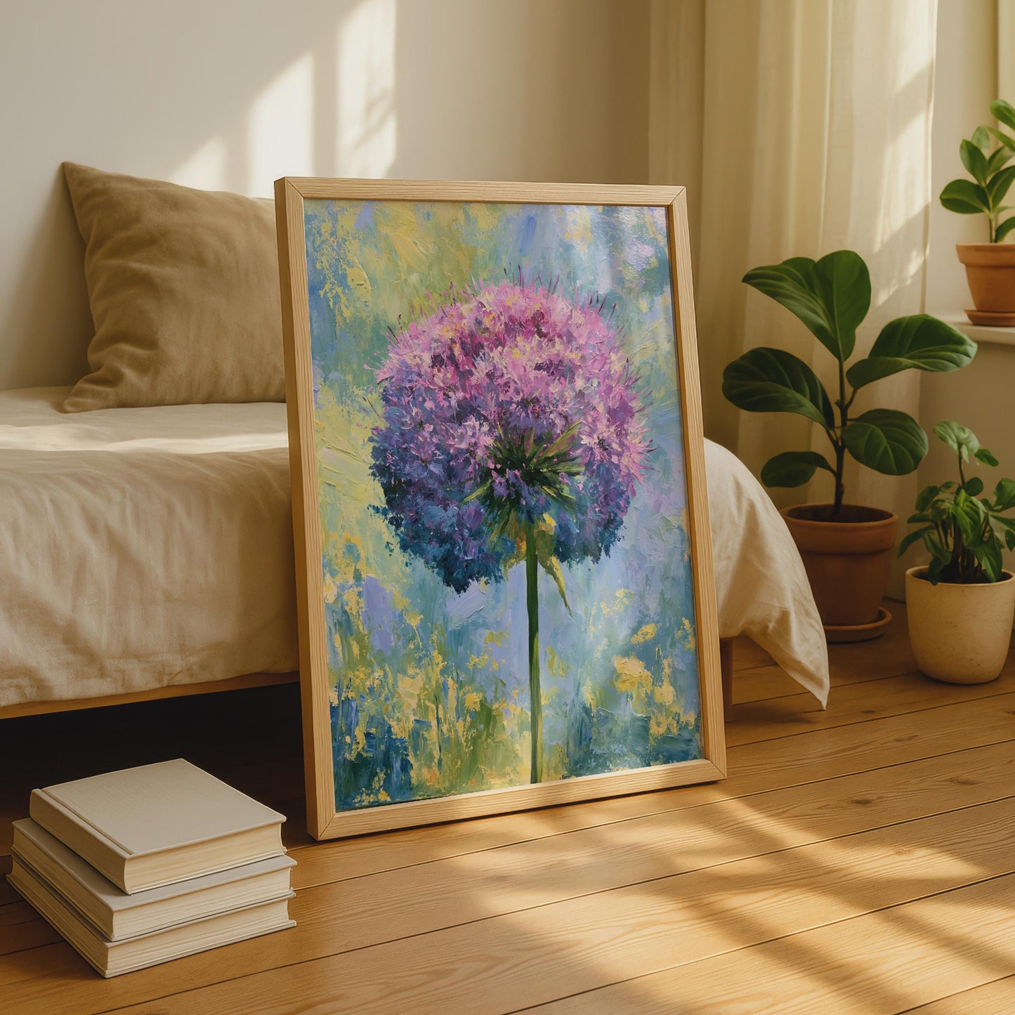 Allium Flower Poster, Purple Pink Botanical Wall Art, Impressionist Floral Print for Living Room