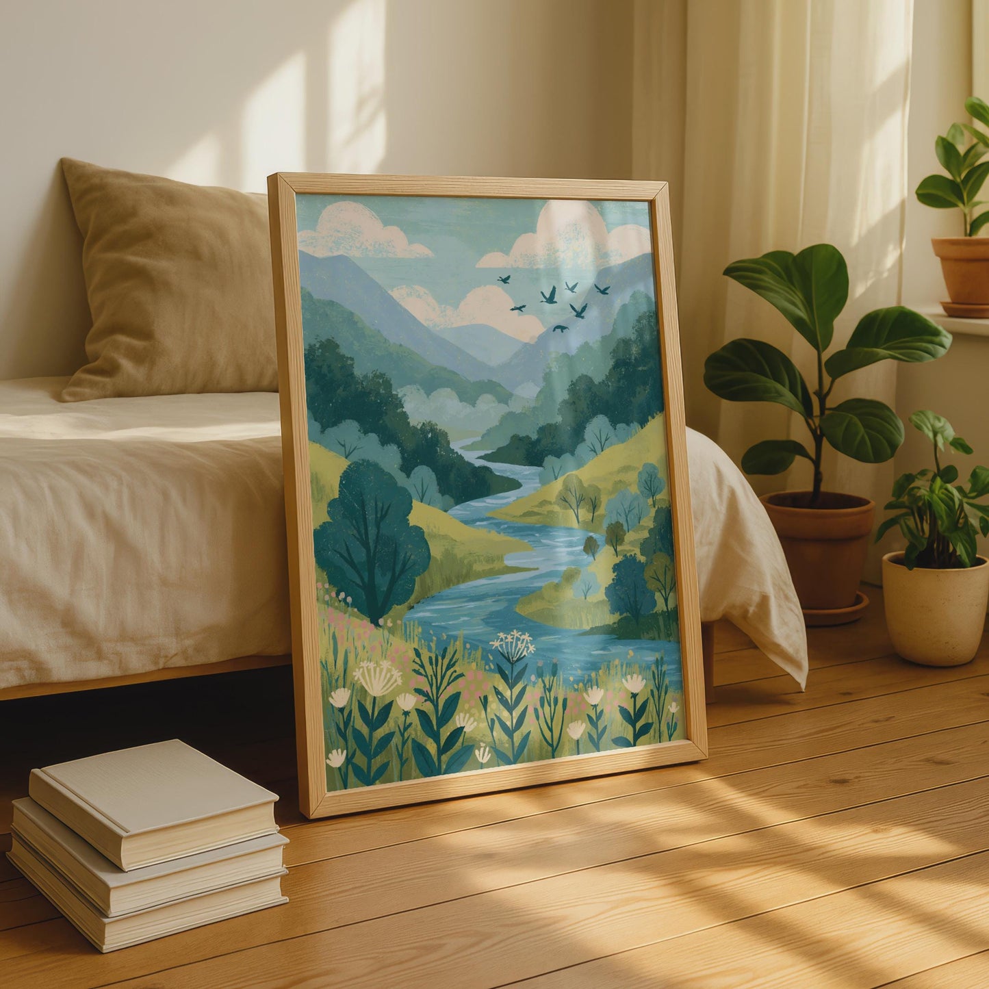 River Valley Landscape Poster, Wildflower Meadow Wall Art, Nature Print, Green Teal