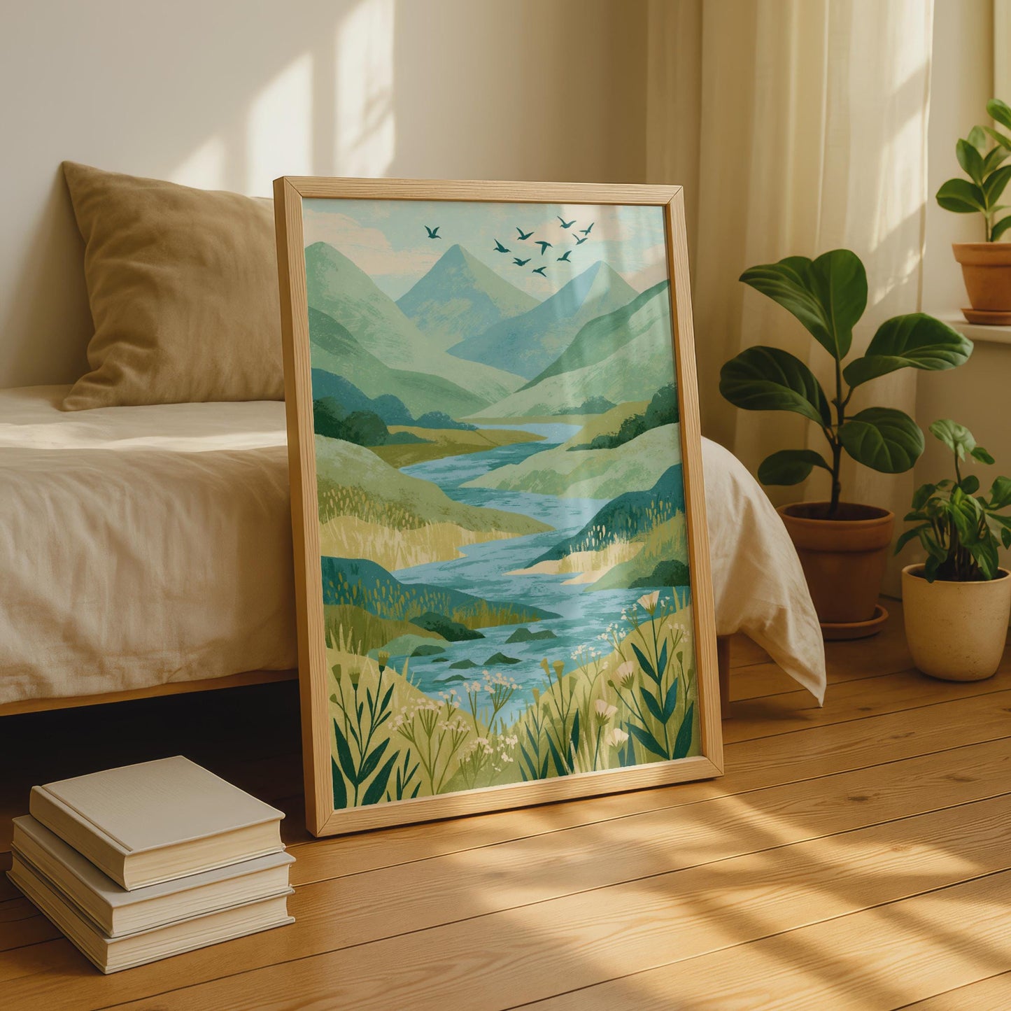 Mountain River Valley Art Print, Green Nature Landscape Poster, Birds Flying Wall Art