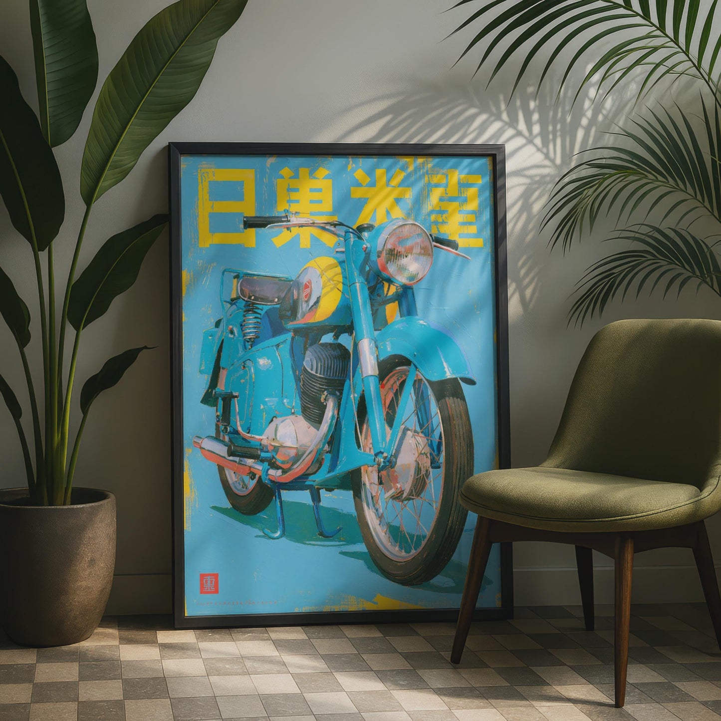 Vintage Japanese Motorcycle Poster, Retro Blue Bike Wall Art, Kanji Print