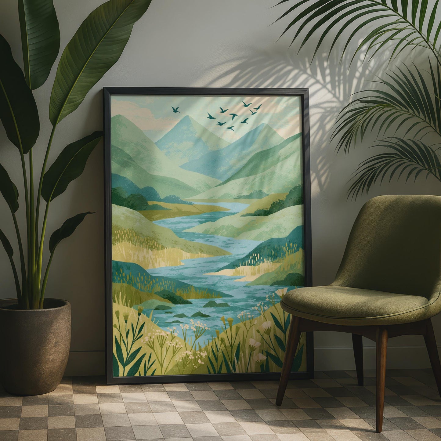 Mountain River Valley Art Print, Green Nature Landscape Poster, Birds Flying Wall Art