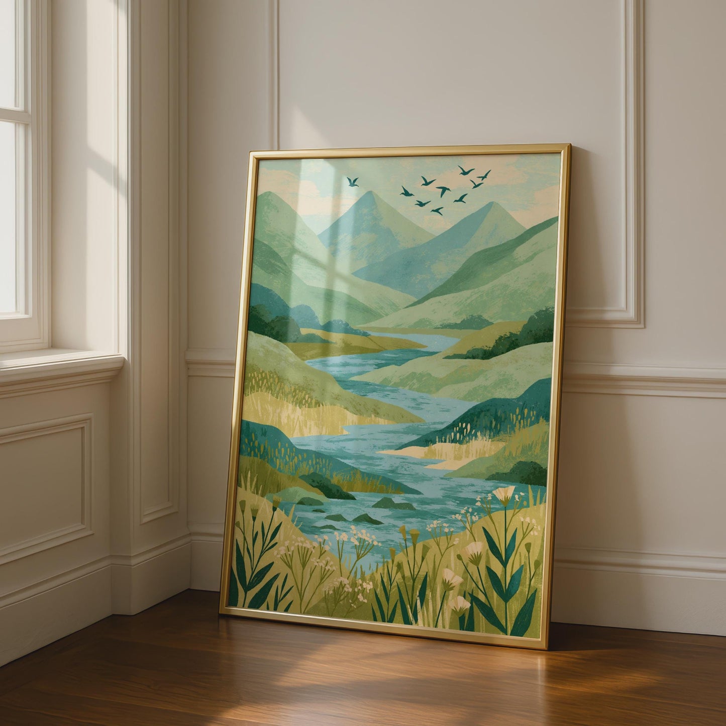 Mountain River Valley Art Print, Green Nature Landscape Poster, Birds Flying Wall Art