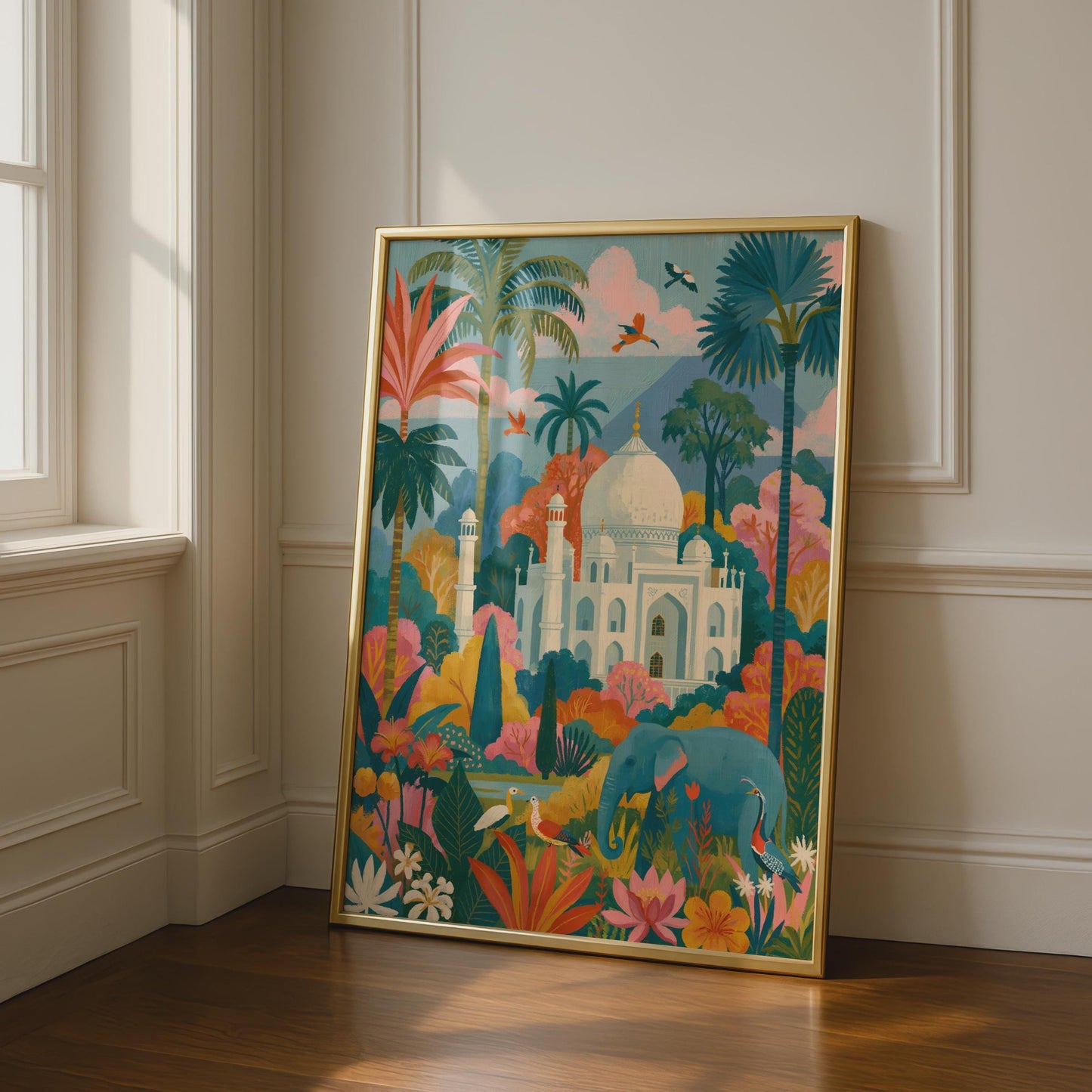 Taj Mahal Poster, Colourful India Wall Art, Elephant Jungle Print, Agra Travel