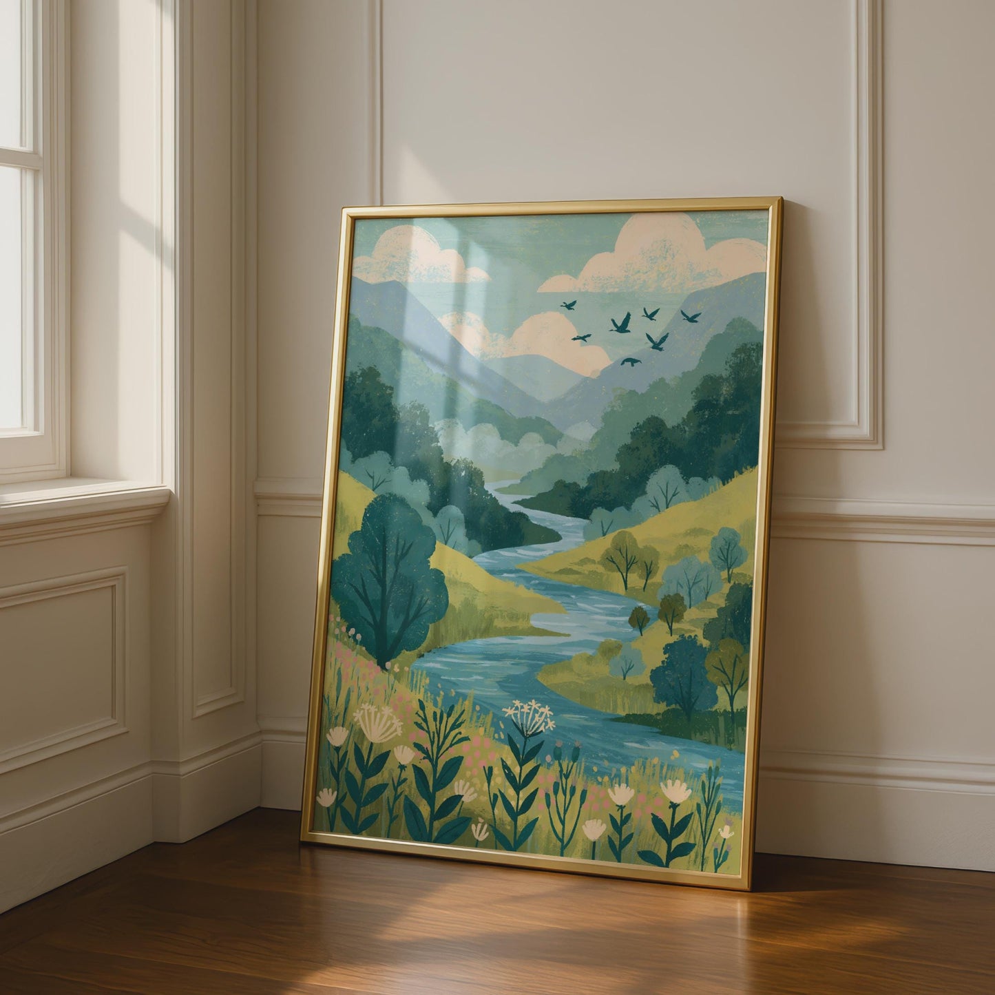 River Valley Landscape Poster, Wildflower Meadow Wall Art, Nature Print, Green Teal