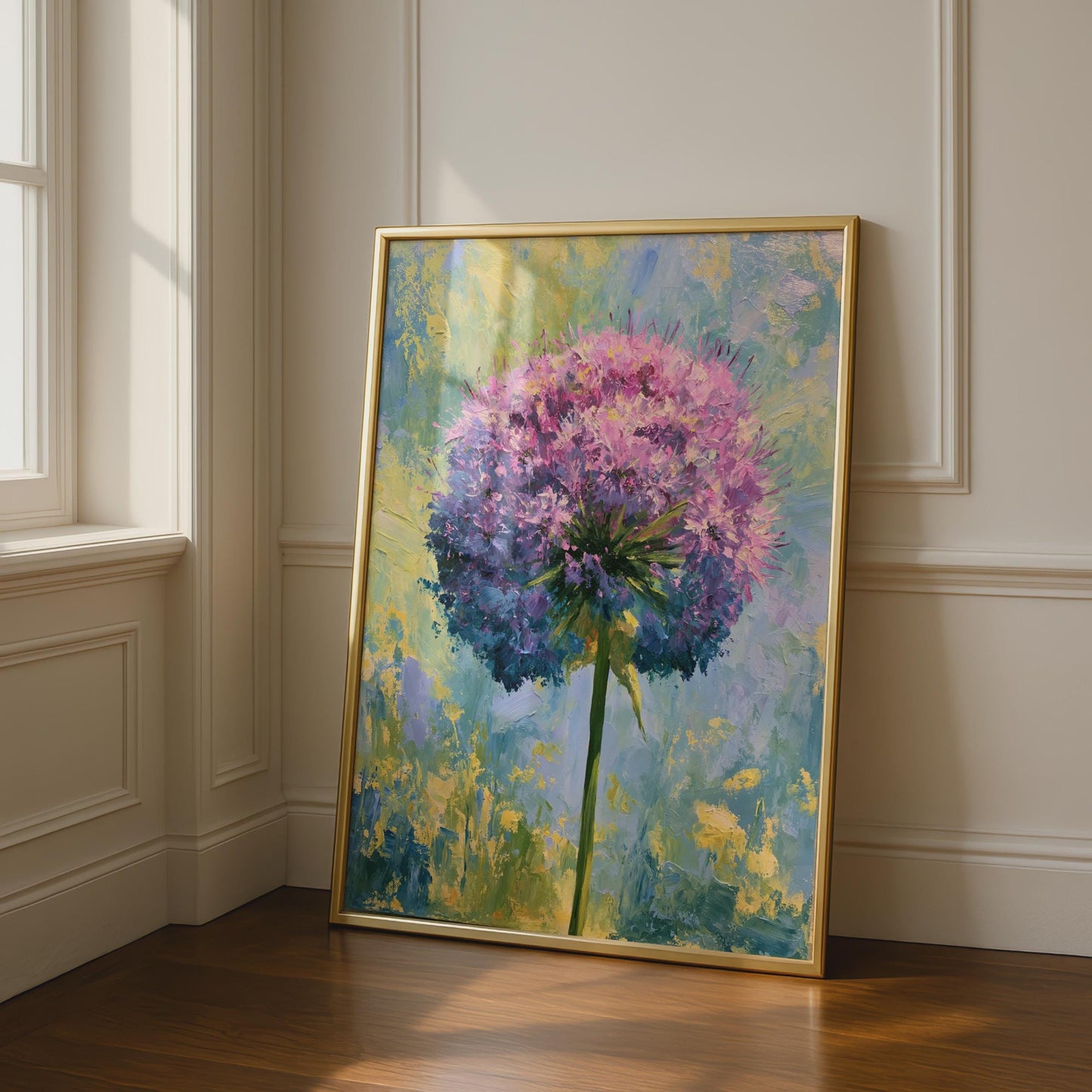 Allium Flower Poster, Purple Pink Botanical Wall Art, Impressionist Floral Print for Living Room
