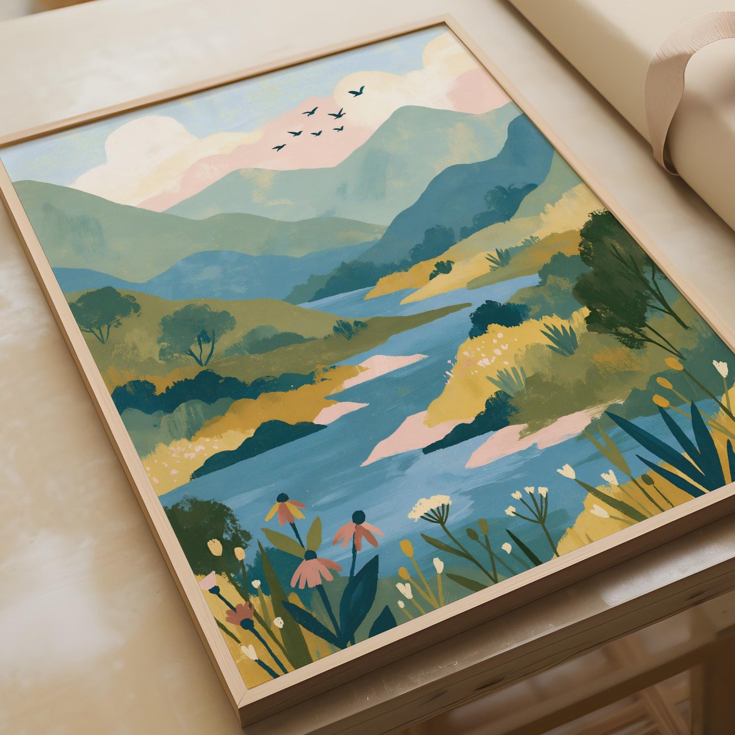 Mountain River Valley Art Print, Folk Illustrated Landscape Poster, Wildflower Nature Wall Art