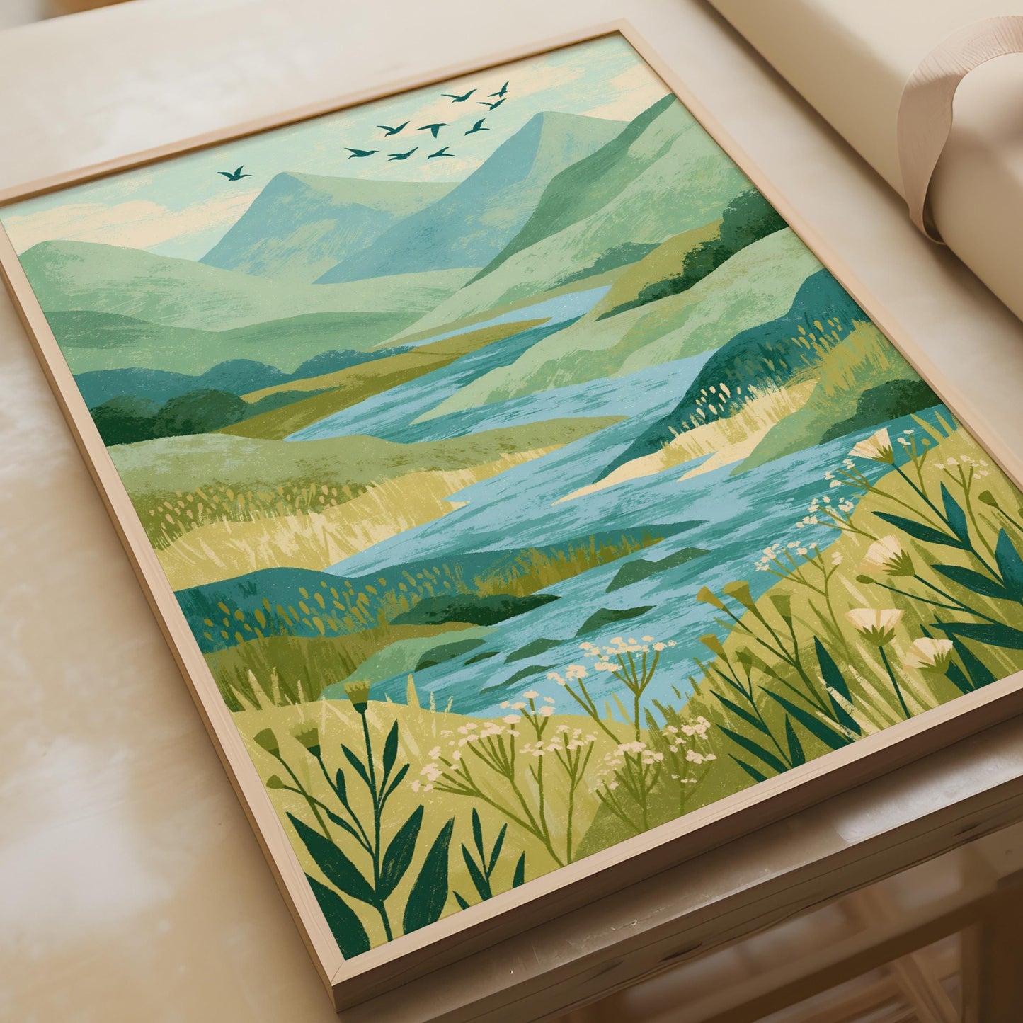 Mountain River Valley Art Print, Green Nature Landscape Poster, Birds Flying Wall Art