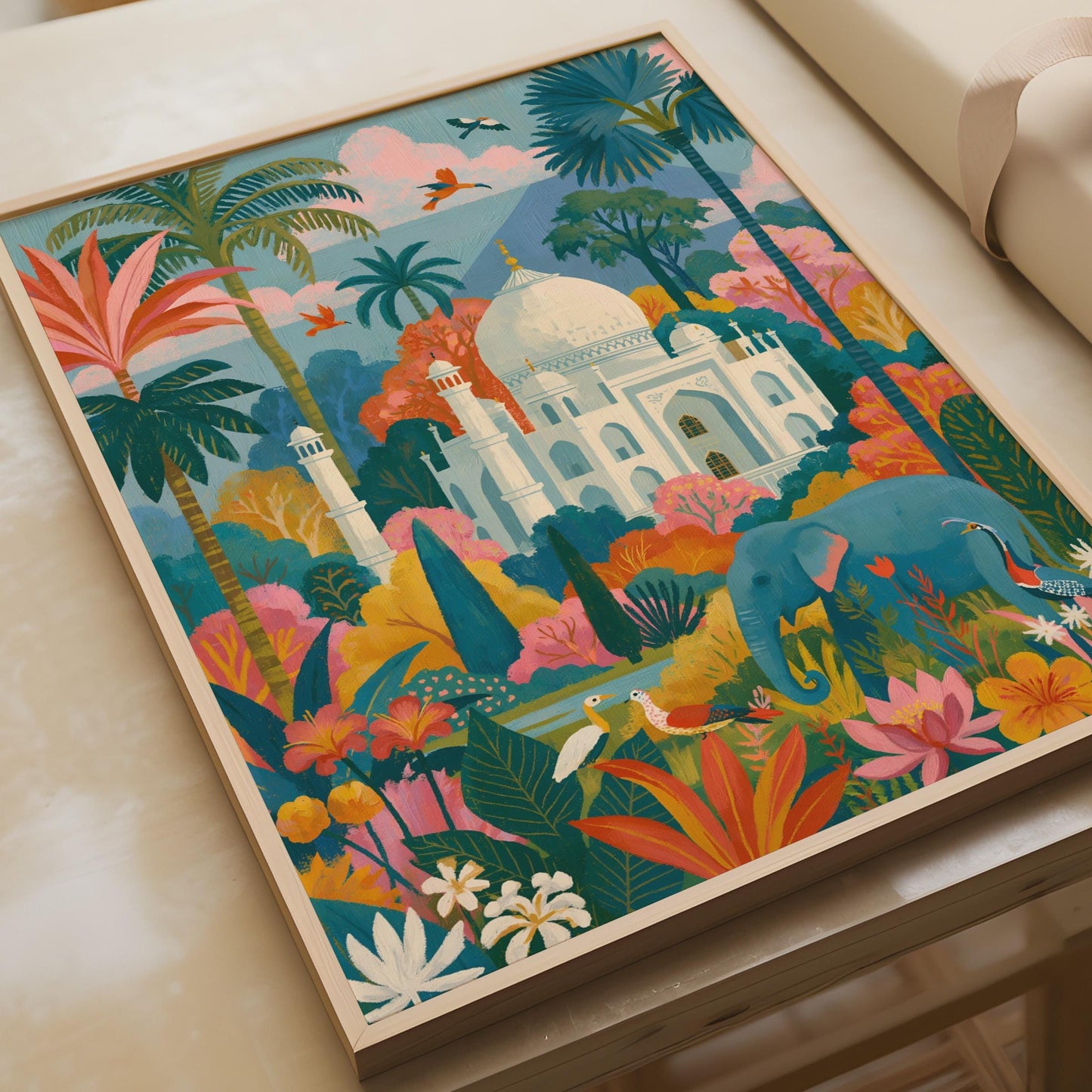 Taj Mahal Poster, Colourful India Wall Art, Elephant Jungle Print, Agra Travel