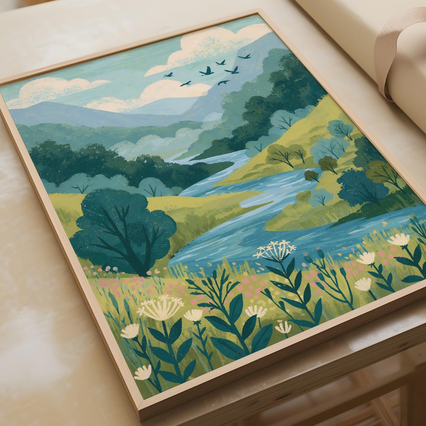 River Valley Landscape Poster, Wildflower Meadow Wall Art, Nature Print, Green Teal