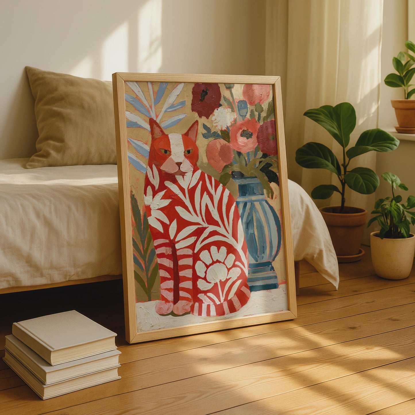 Red Floral Cat Poster, Botanical Ginger Cat Wall Art Print, Folk Art Style Decor