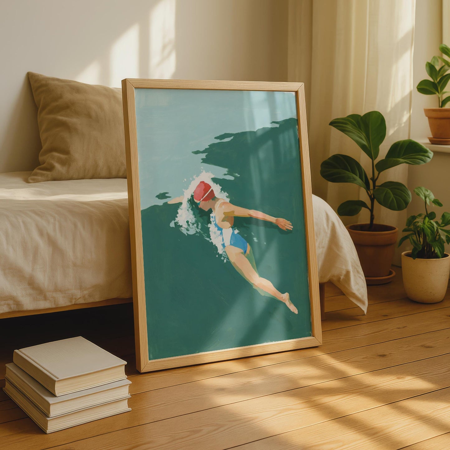 Female Swimmer Art Print, Open Water Swimming Poster, Teal Green Wall Art, Gift for Swimmers