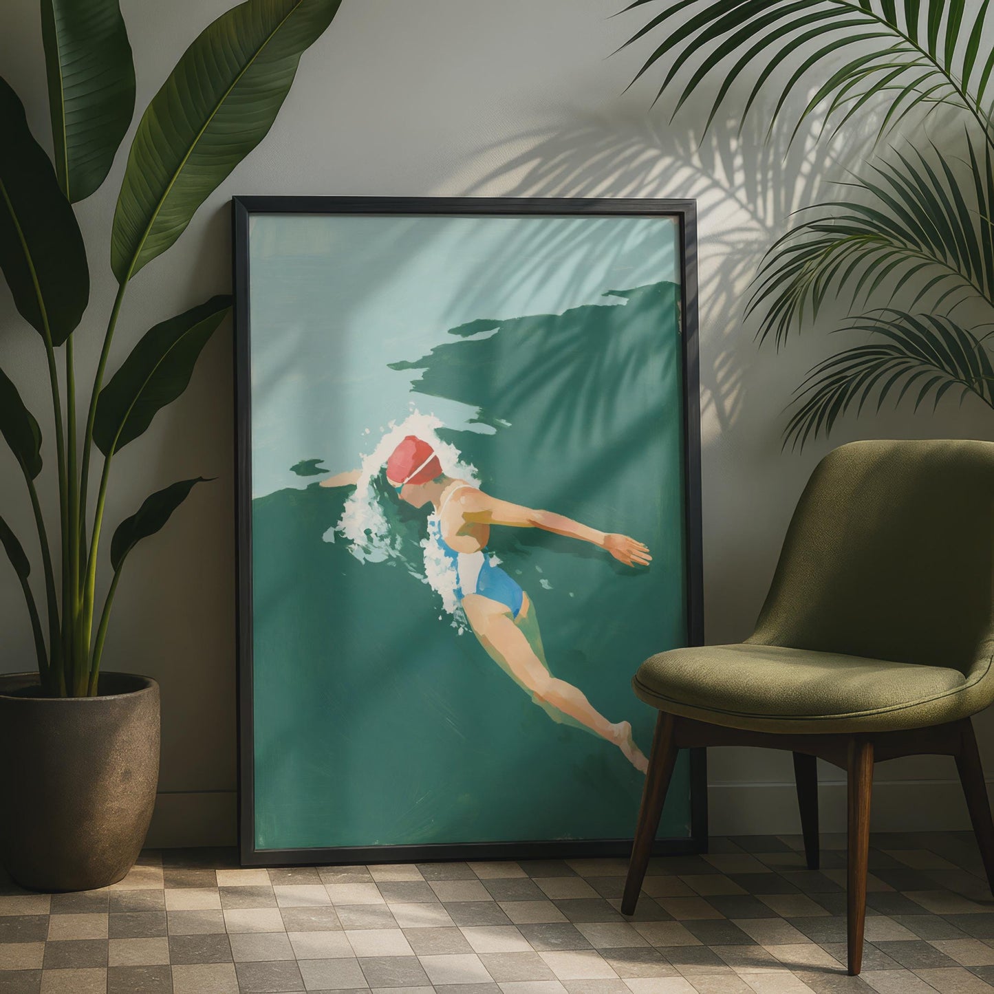 Female Swimmer Art Print, Open Water Swimming Poster, Teal Green Wall Art, Gift for Swimmers
