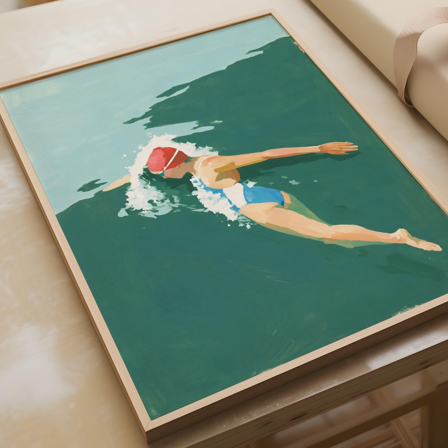 Female Swimmer Art Print, Open Water Swimming Poster, Teal Green Wall Art, Gift for Swimmers