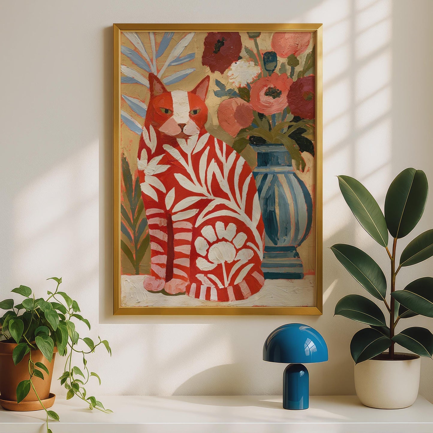 Red Floral Cat Poster, Botanical Ginger Cat Wall Art Print, Folk Art Style Decor