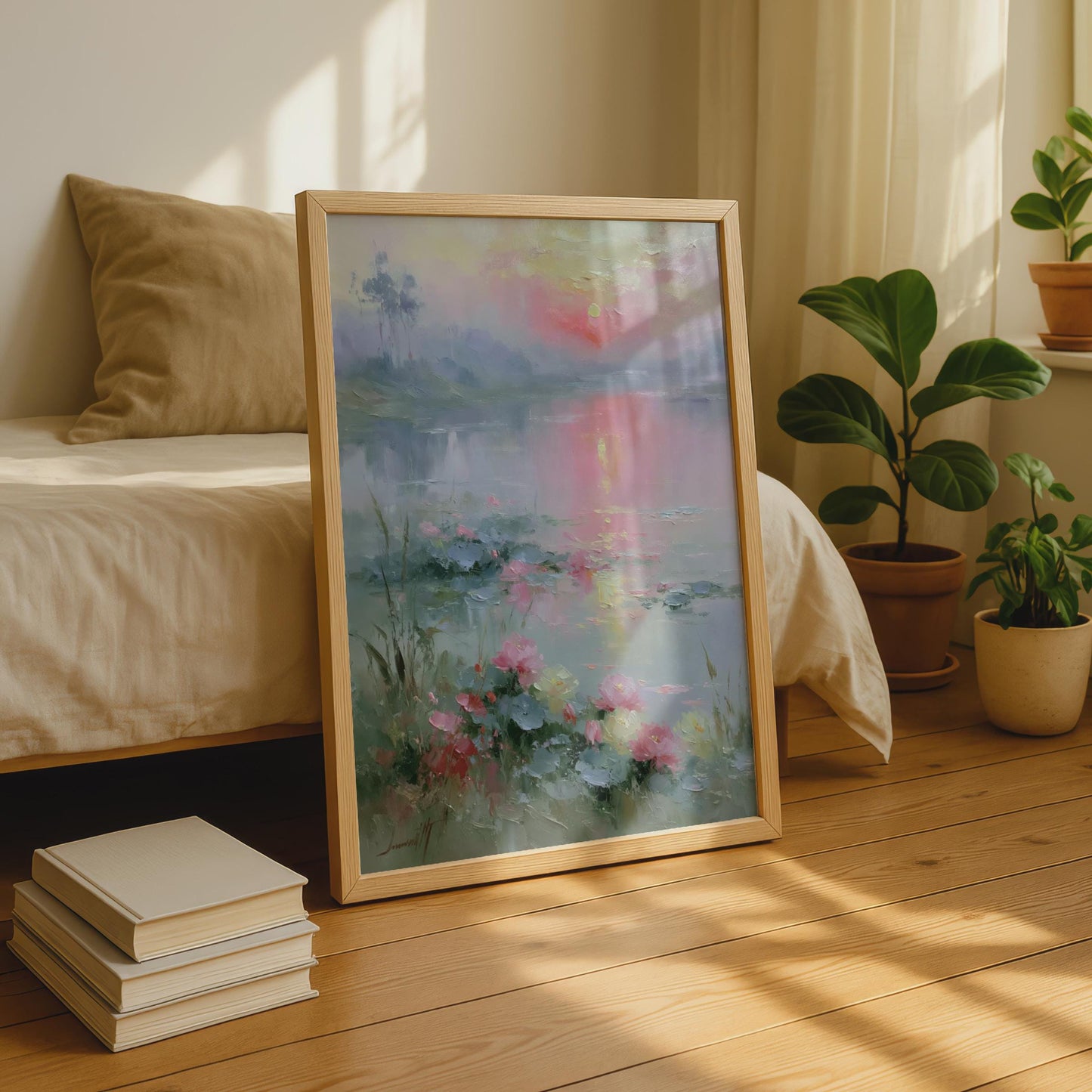 Misty Lake Sunrise Poster, Pink Lotus Flowers Wall Art, Impressionist Landscape Print