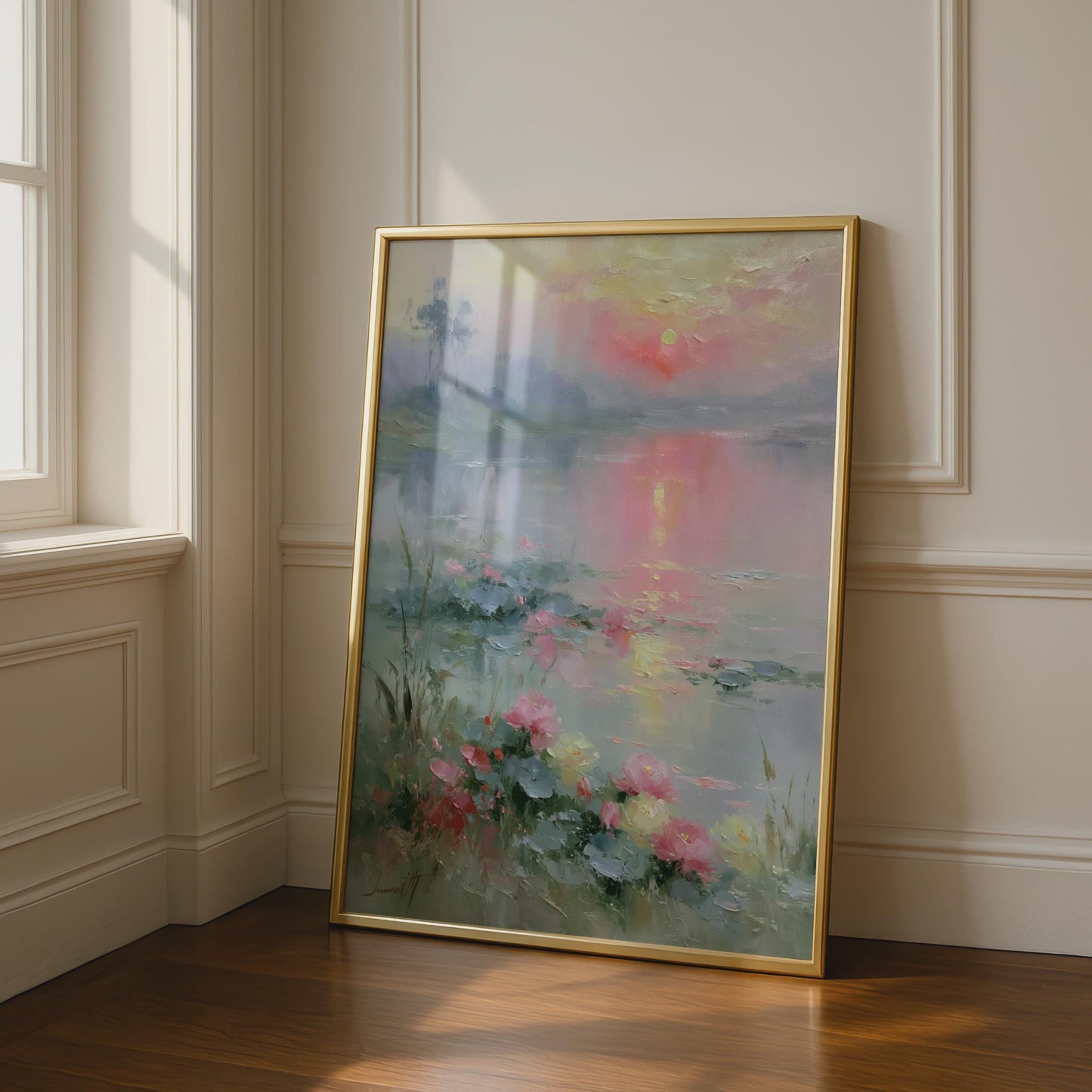 Misty Lake Sunrise Poster, Pink Lotus Flowers Wall Art, Impressionist Landscape Print