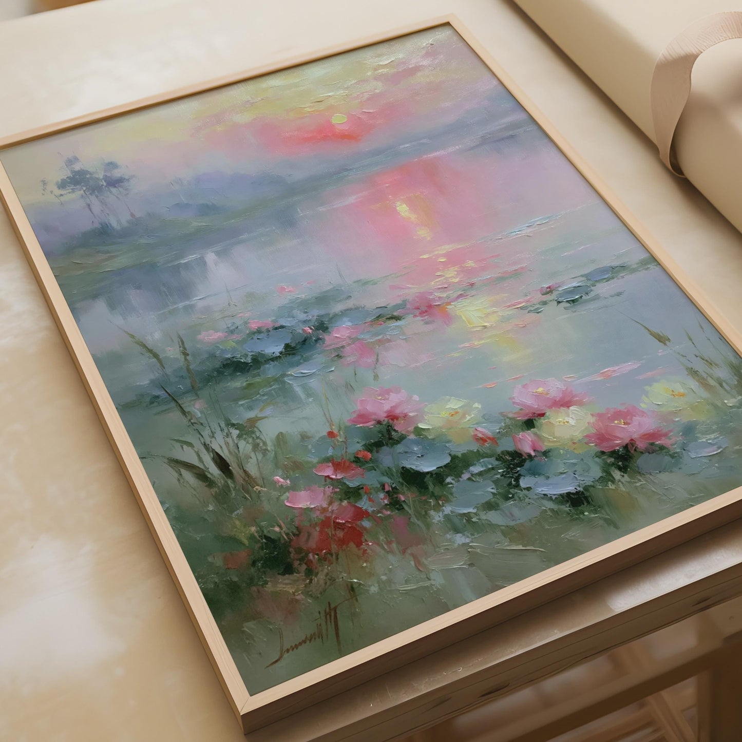 Misty Lake Sunrise Poster, Pink Lotus Flowers Wall Art, Impressionist Landscape Print