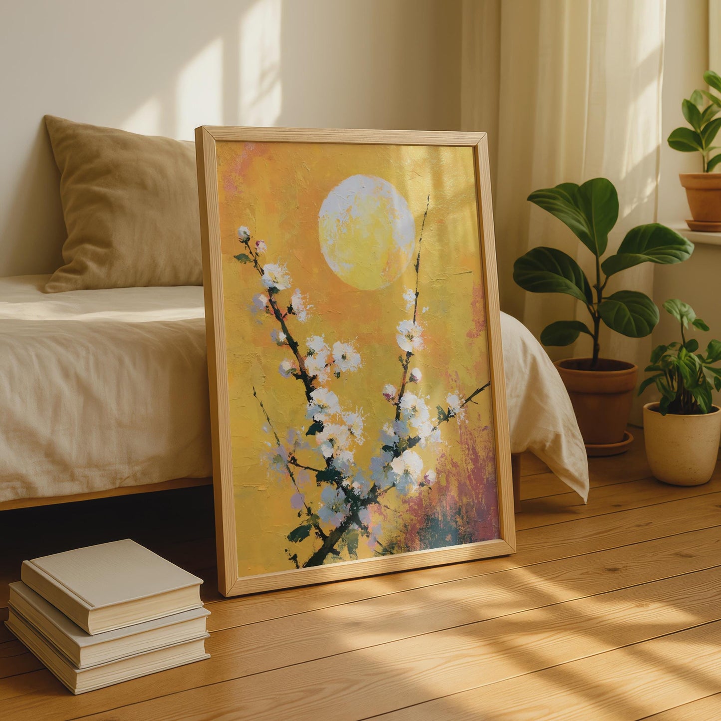 Cherry Blossom Moon Poster, White Floral Wall Art, Gold Yellow Botanical Print