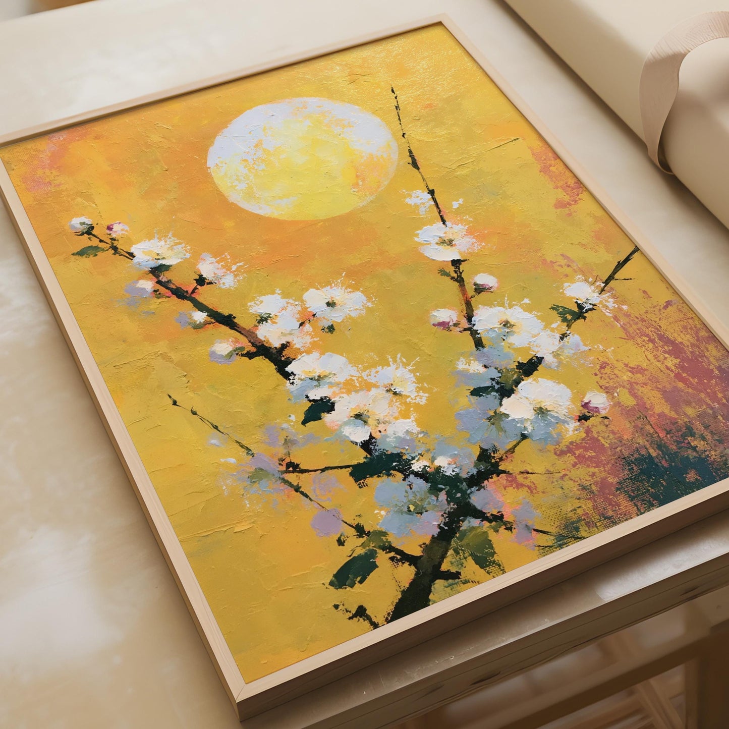 Cherry Blossom Moon Poster, White Floral Wall Art, Gold Yellow Botanical Print